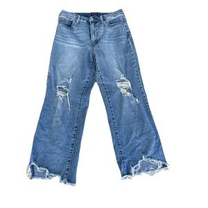 Womens High Rise Wide Leg Distressed Jeans Medium Wash Raw Hem Size 6